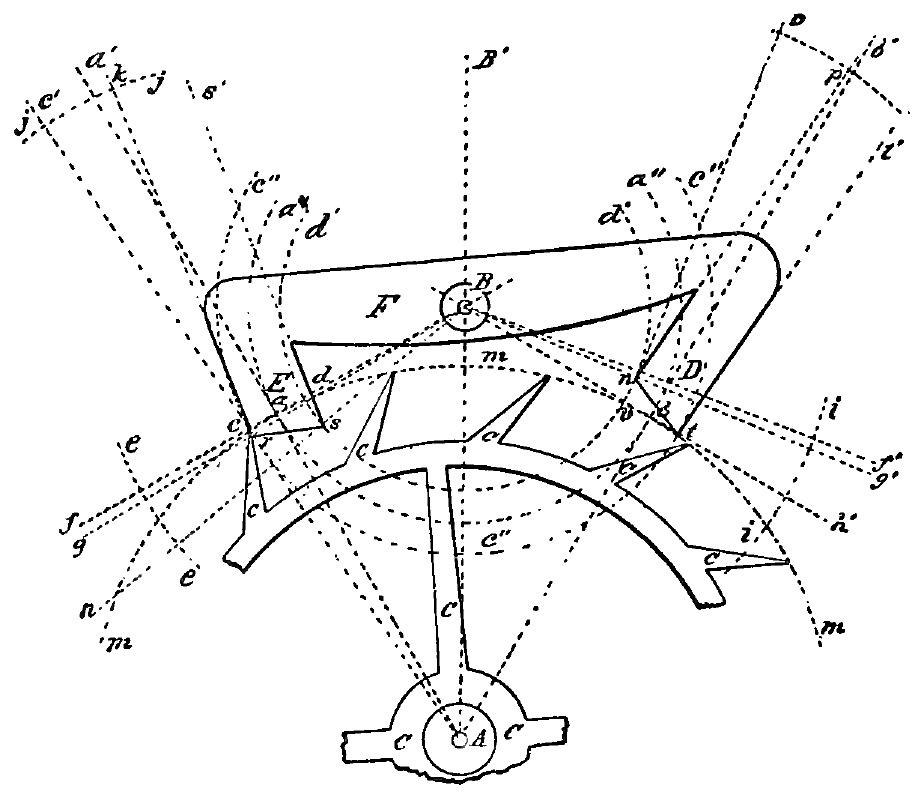 Lever fork and roller action, with construction lines for the impulse pin path.
